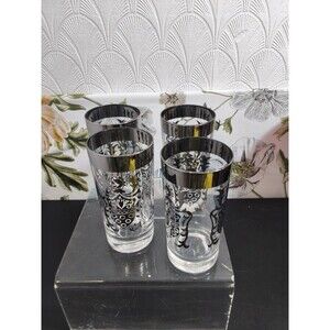 Vintage Mid Century Kimiko Silver Knight Shield Highball Tumbler Glass  Set of 4